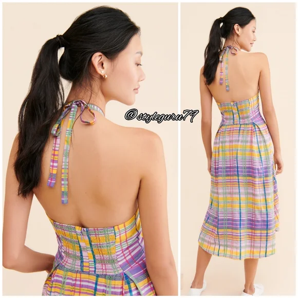 NWT, Anthropologie, Cecily Plaid Tie Neck Midi Dress - Picture 2 of 3